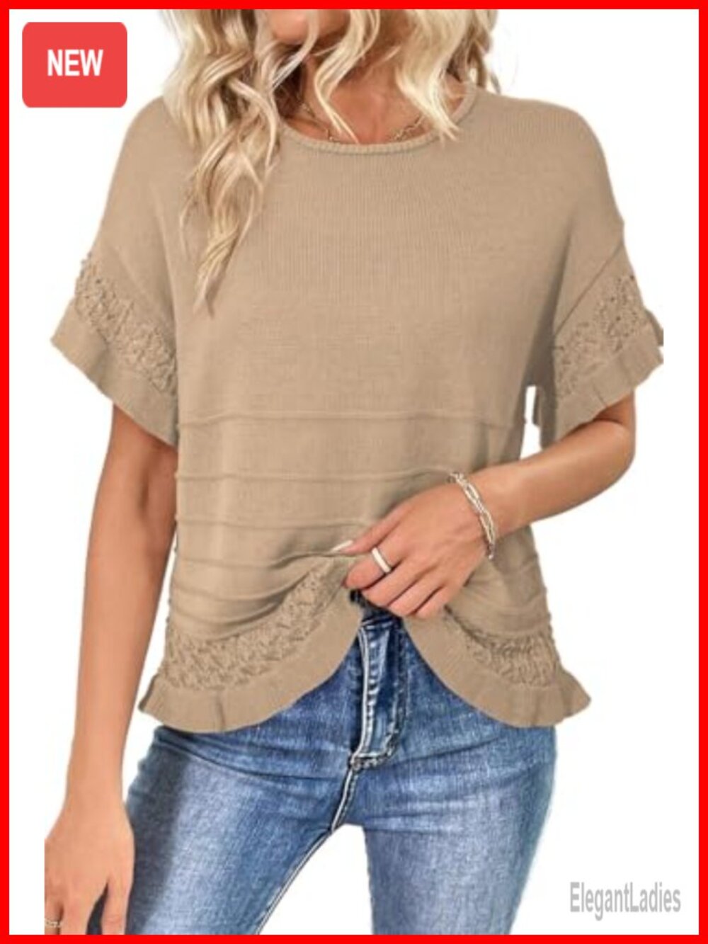 Women's Short Sleeve Knit Sweater Top Ruffled Hem Crochet Pullover